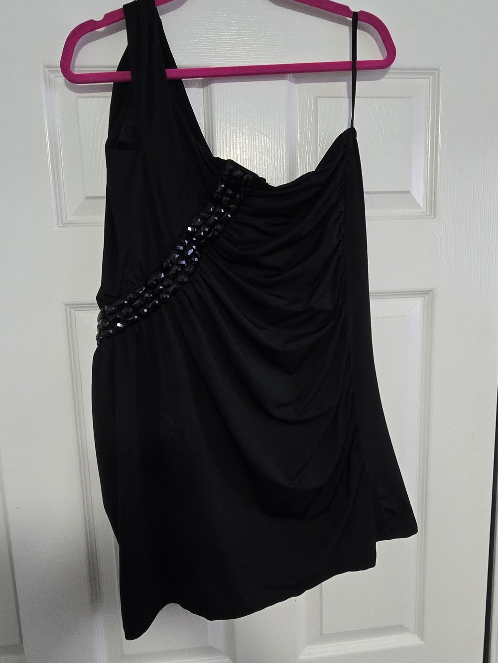 Z. Cavaricci Black One-Shoulder Draped Dress with Beaded Waist